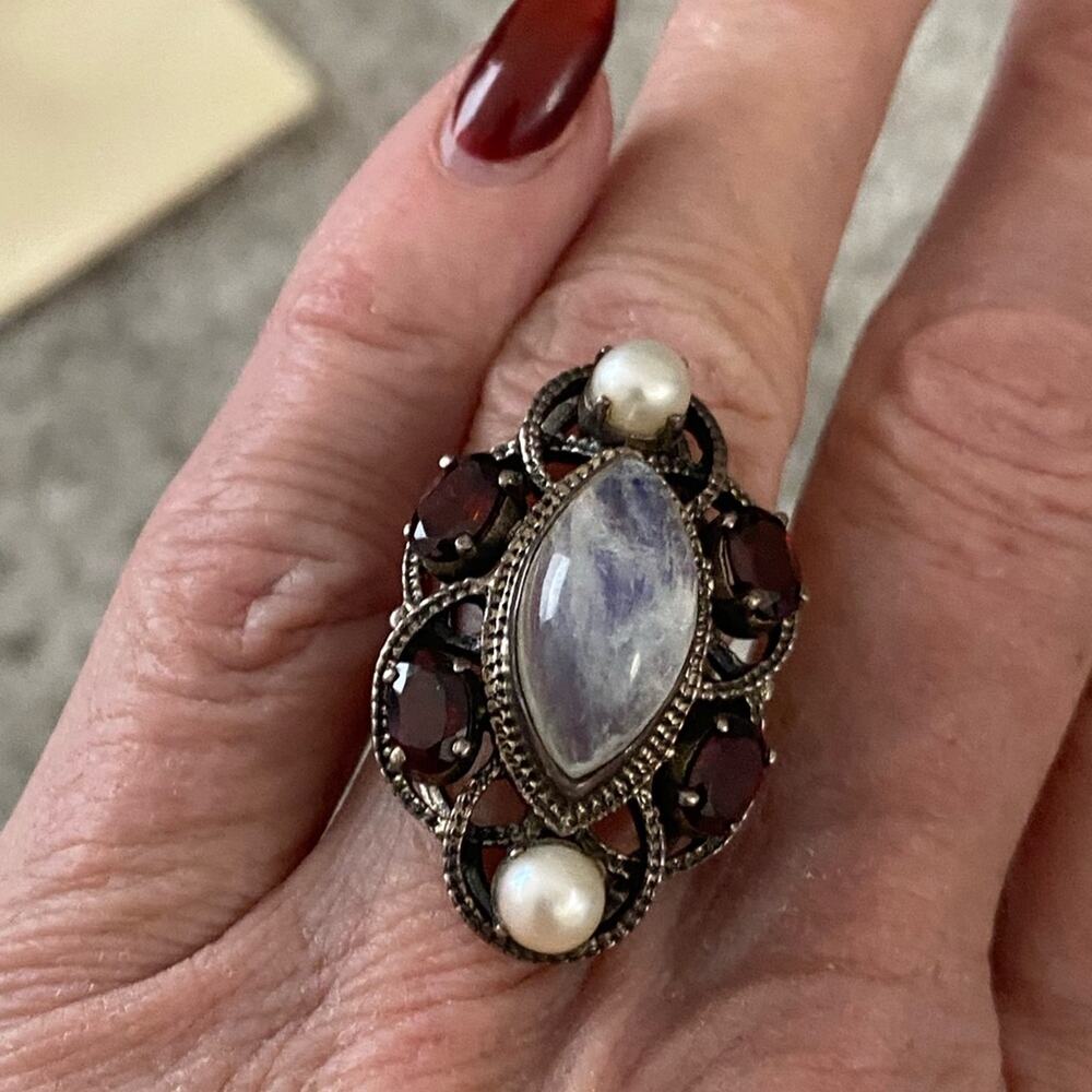 Vintage Nicky Butler NB Sterling Silver Moonstone Garnet & Pearl Ring Size 5.5